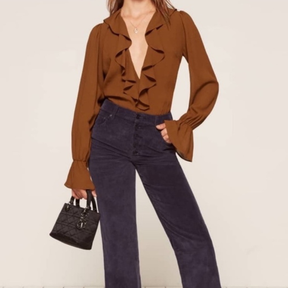 REFORMATION‎ Brown Ruffle Penny Bodysuit Size Small - Picture 2 of 5